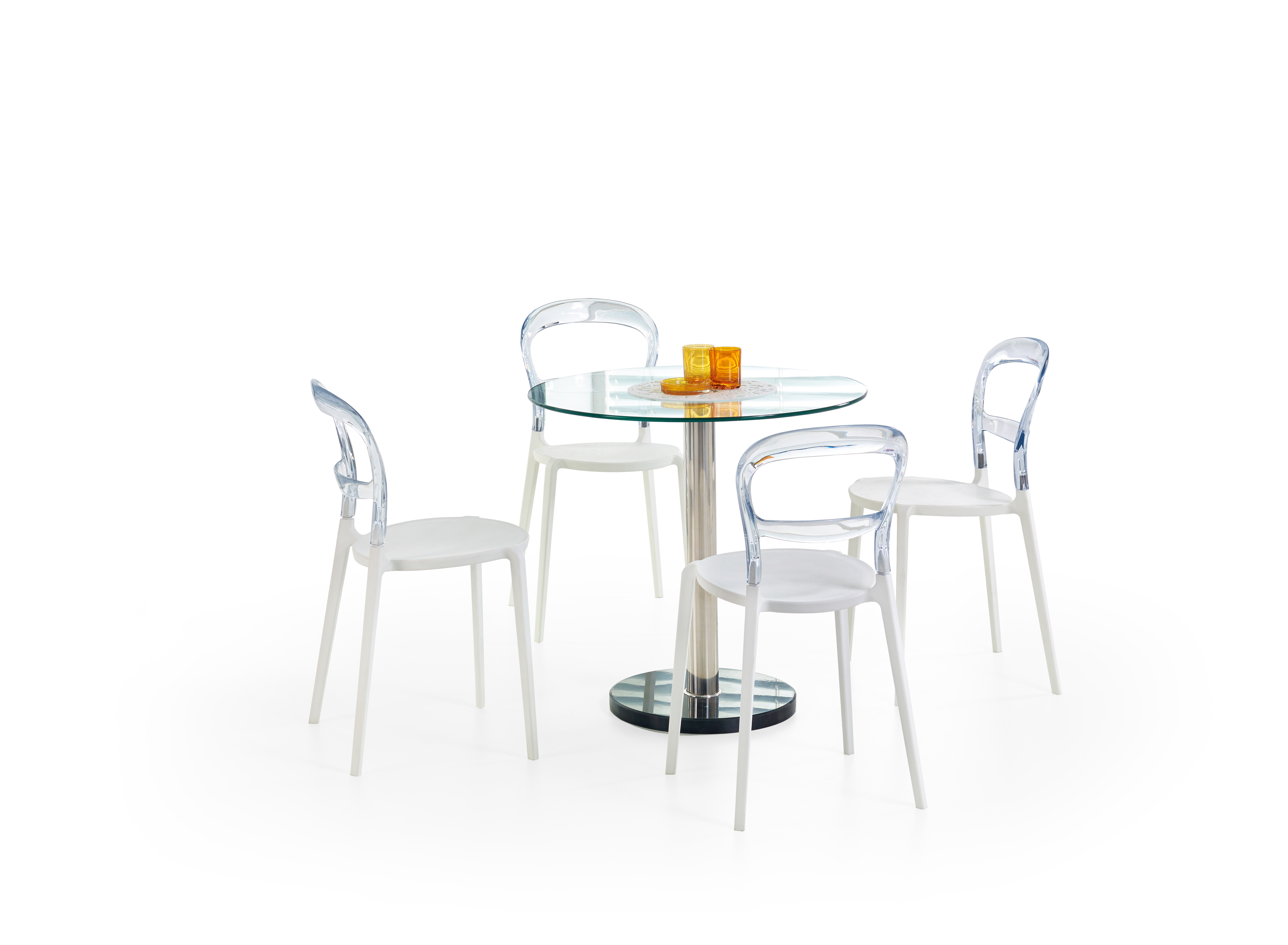 CYRYL kerek étkezőasztal, lap színe átlátszó üveg, láb színe króm